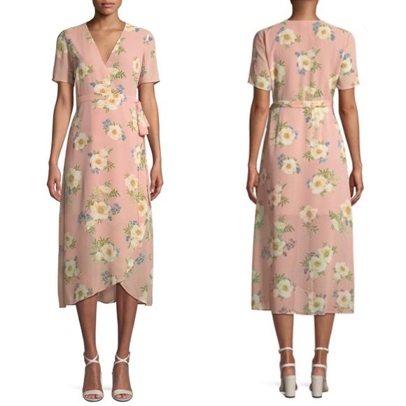 Bardot V-Neck Short-Sleeve Floral Midi Wrap Dress - Picture 1 of 3